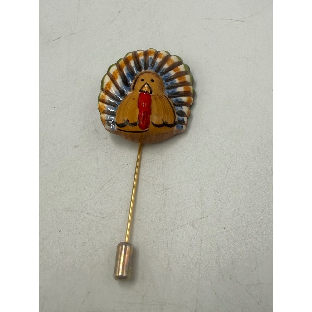 Vintage Thanksgiving Turkey Stick Pin Ceramic Hand Painted Lapel Hat Pin